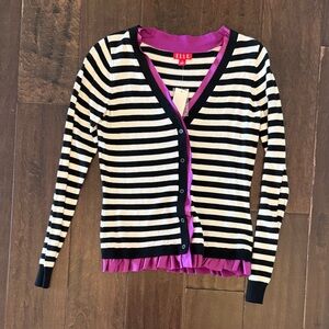 ELLE Black & White Striped Button Cardigan with Satiny Trim